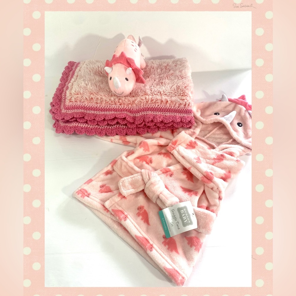Peachy Pink Triceratops Dinosaur Crochet Baby Blanket and Robe Set
